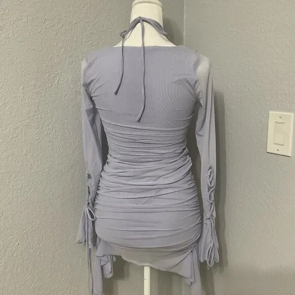Y2K Style Whimsigoth Fairy Long Sleeve Ruched Mini Dress Purple Oh Polly Size 2 - Picture 5 of 8
